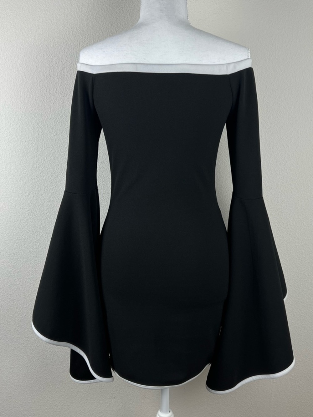 HMS Black Off Shoulder Y2K Mini Dress Bell Sleeve Bodycon White Trim Size S - Picture 2 of 8